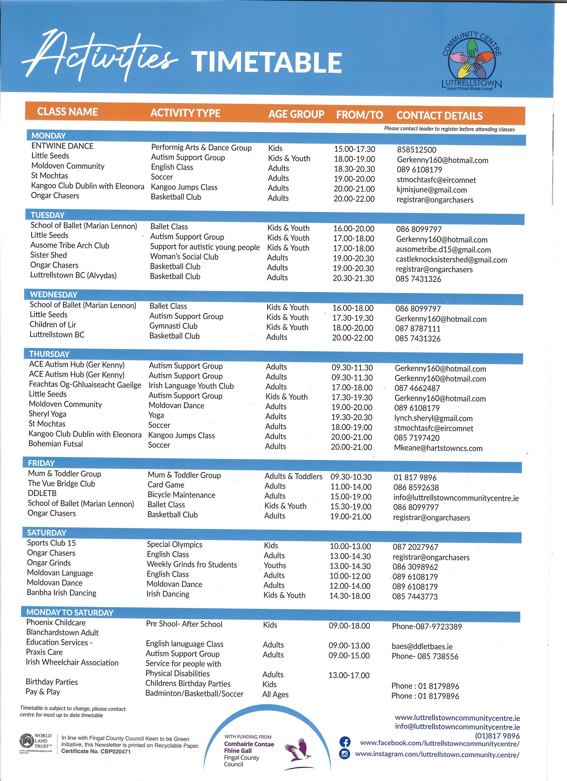 Activities Time Table – Timetable is subject to change